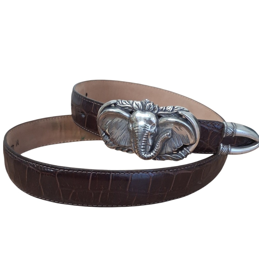 Vintage Brighton 96' Silver Elephant Buckle Croc Leather Belt Womens Size Medium